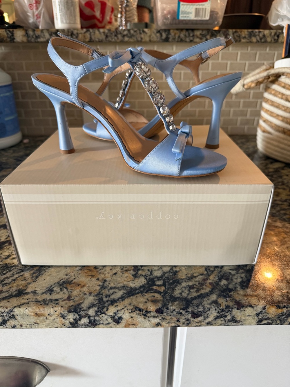 Copper Key Light Blue Satin T-Strap Heels with Crystal Accents